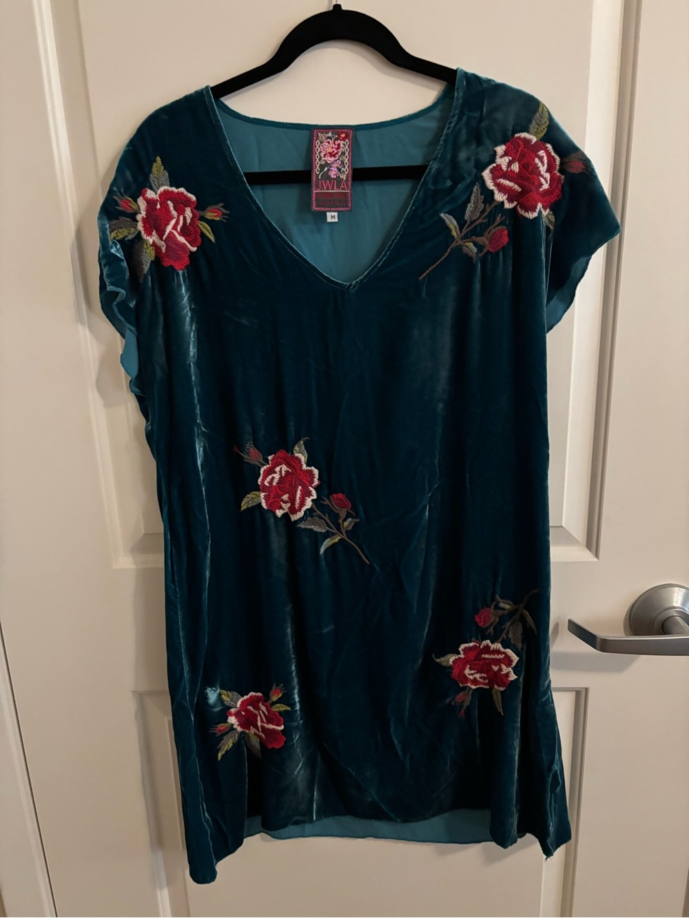 Johnny Was Teal Velvet Floral Rose Embroidered V-Neck Tunic Shirt, Size Medium
